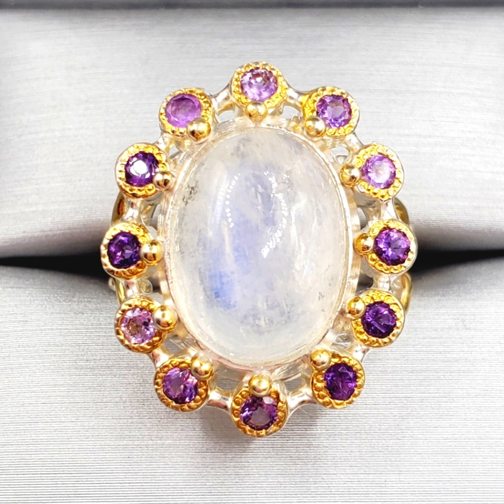 Genuine Moonstone & Purple Amethyst Sterling Silver / 18k Yellow Gold Halo Ring - Picture 1 of 6